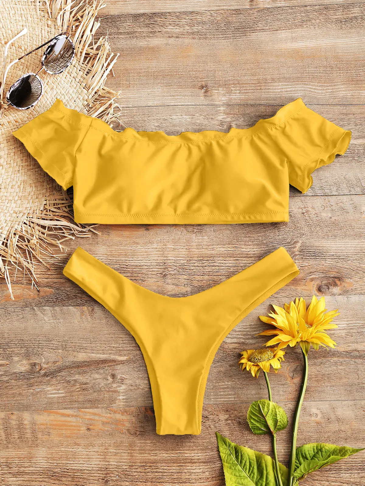 Yellow Bikini ZAFUL, купальник, бикини, для женщин, с отделкой салата, с высоким вырезом, бикини, с открытыми плечами, купальный костюм, без бретелек, купальник, стринги, бикини, набор, пляжная одежда - Цвет: Yellow Bikini