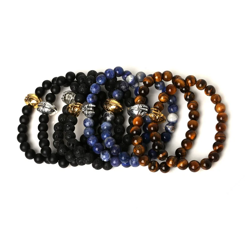 Браслет с натуральным тигровым глазом/черной лавой каменными бусинами