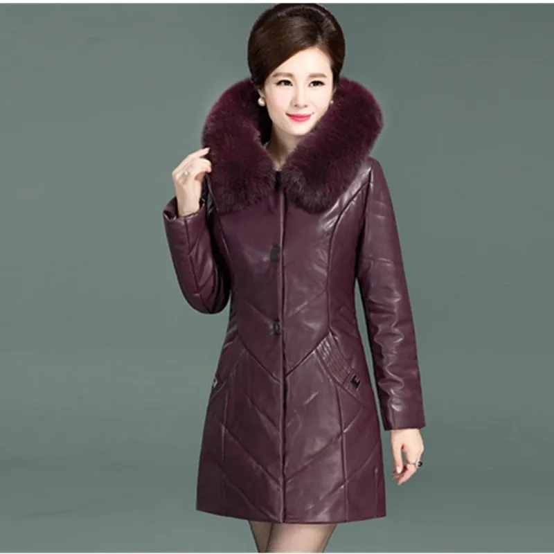 

UHYTGF XL-6XL Oversized Thicken Winter leather jacket Women fashion Fur collar Hooded Cotton Warm leather jacket Coat Female1135