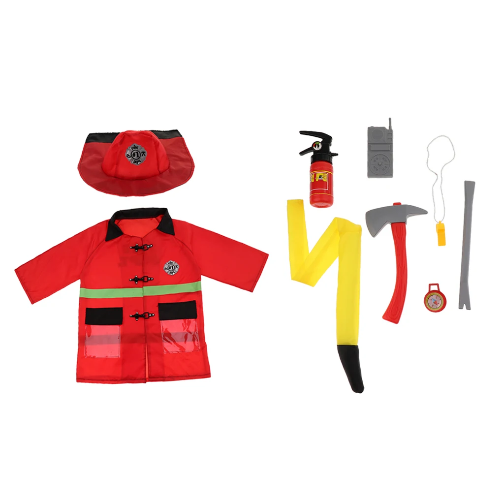 

10pcs Fireman Dress Up Uniform Clothes Outfit Hat Walkie-talkie Kits w/ Fire Squirt Water For Children Fire Fighter Role Playing