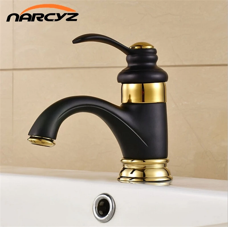 Классический смеситель для раковины в ванную комнату черный с золотым краном
