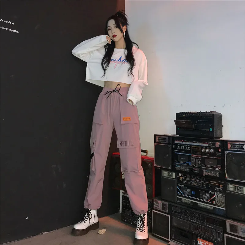 Стиль сафари ins новая Корейская женская одежда harajuku ulzzang Личность большие карманы свободные буквы движение повседневные брюки карго
