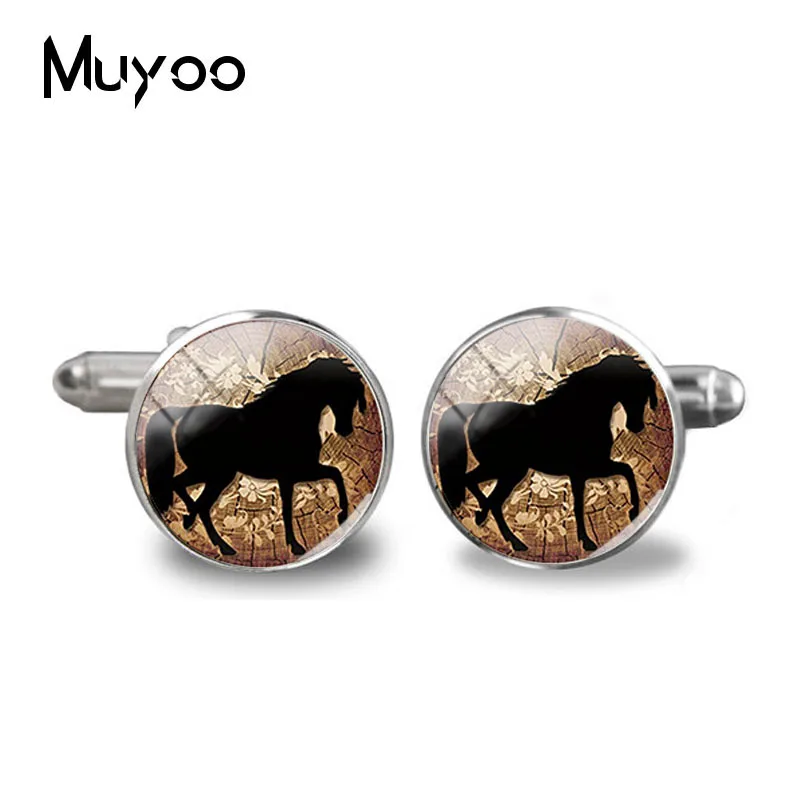 

2018 New Riding Horse Round Round Cufflink Black White Horse Silhouette Cuff Shirt Cufflinks For Mens Glass Dome Jewelry