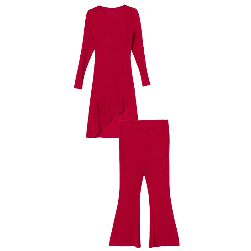 

New Feminine Temperament Simple Pure-color Pleated Tops Pants Fashion Casual Suit Two Sets