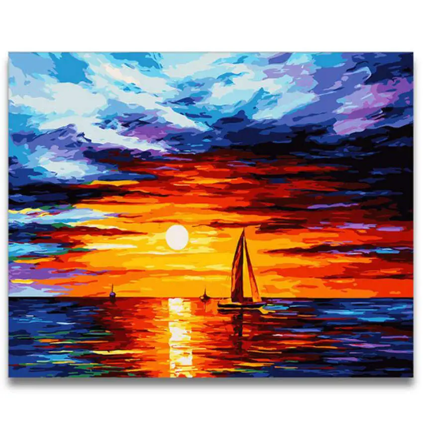 scenery painting 18 Картина с изображением парусного корабля по номерам, современный закат, океан, сделай сам, цифровая настенная художественная картина для домашнего декора, пейзаж, картина маслом 40x50 - Цвет: scenery painting 18