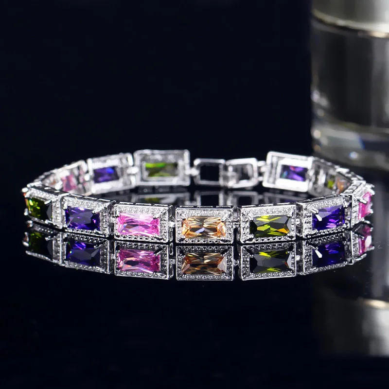 colorful CWWZircons Модный женский свадебный браслет, серебряный цвет, принцесса, квадратный кубический цирконий, кристалл, разноцветный браслет CB097 - Окраска металла: colorful