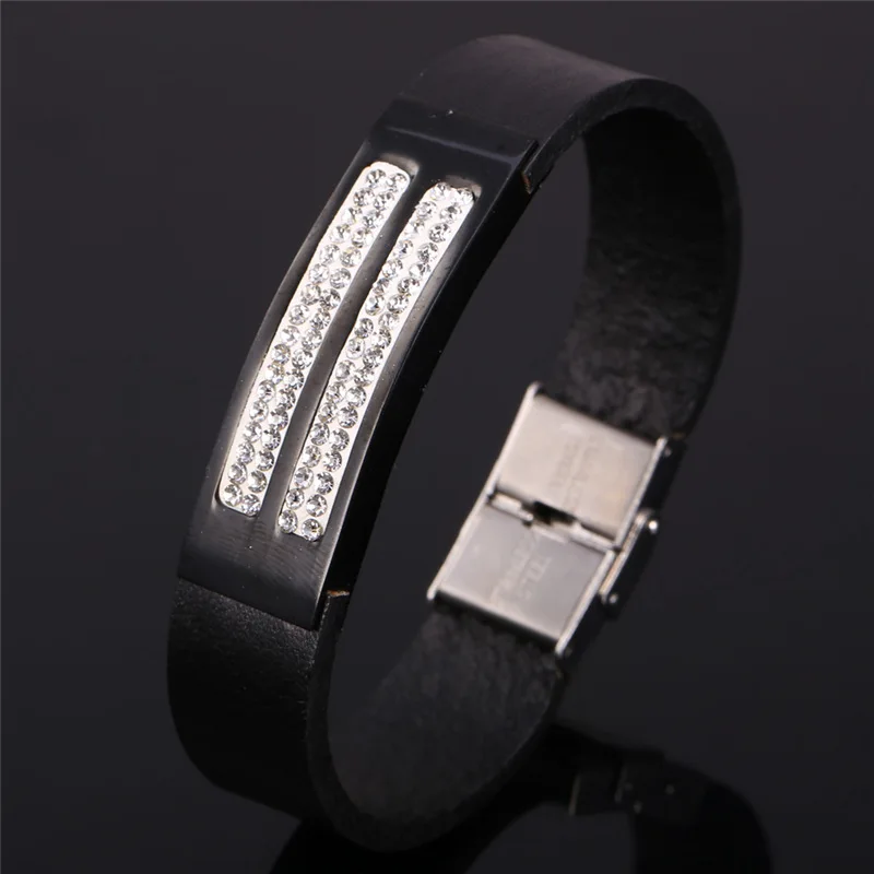 U7 Кожаный Браслет Для Женщин /Мужчин Рок Ювелирные Изделия Мужские Стразы Черные