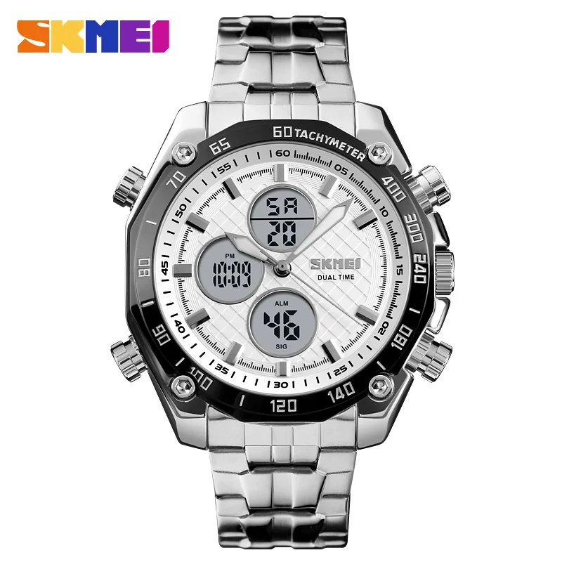 silver white SKMEI Роскошные мужские часы золотые кварцевые часы аналоговые цифровые спортивные часы с секундомером и будильником военные часы водонепроницаемые повседневные светодиодный наручные часы - Цвет: silver white