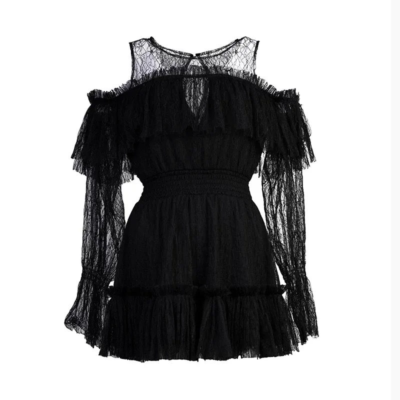 Женское пляжное мини-платье с открытыми плечами белое/черное ажурное кружевное