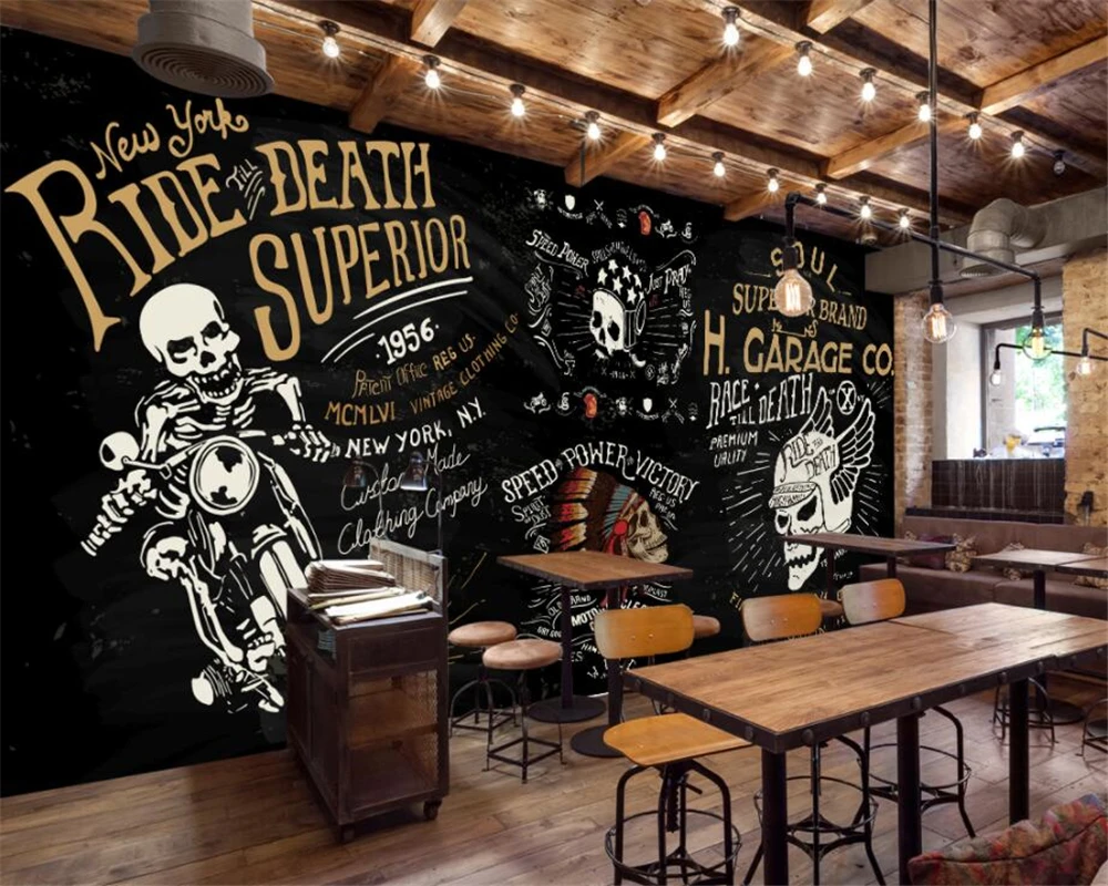 Обои на заказ Европейский и американский мотоцикл череп бар KTV граффити фотообои