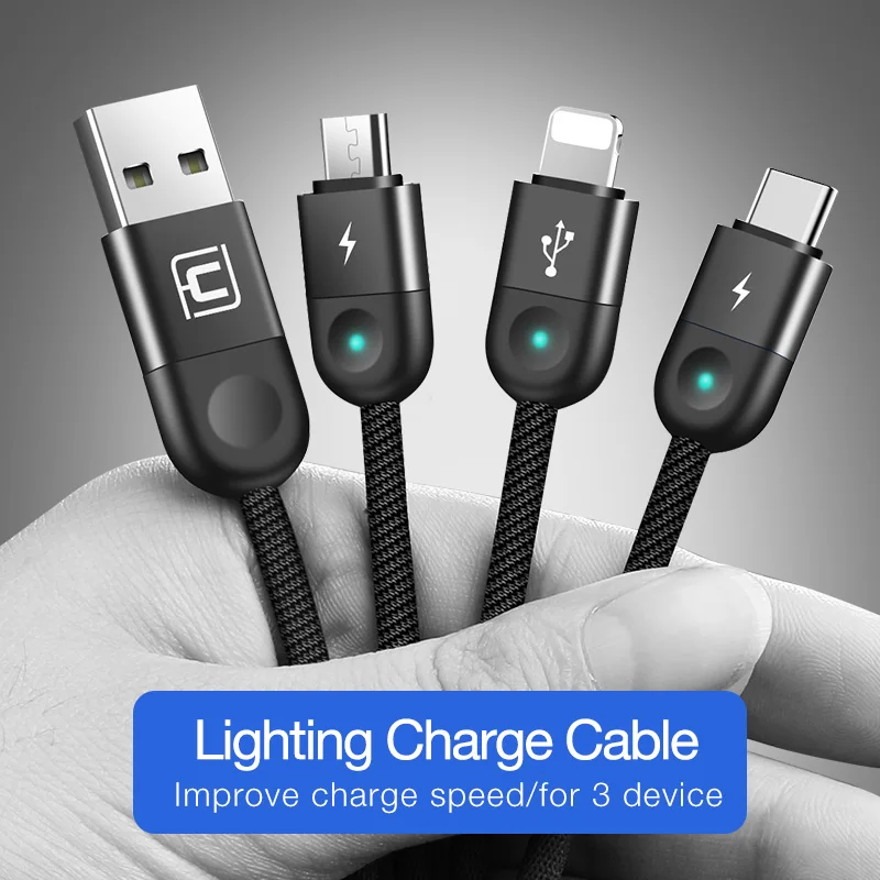 Cafele LED Light 3 в 1 USB кабель для зарядки Micro C Huawei iPhone XR Xiaomi Samsung 130 см Синхронизация
