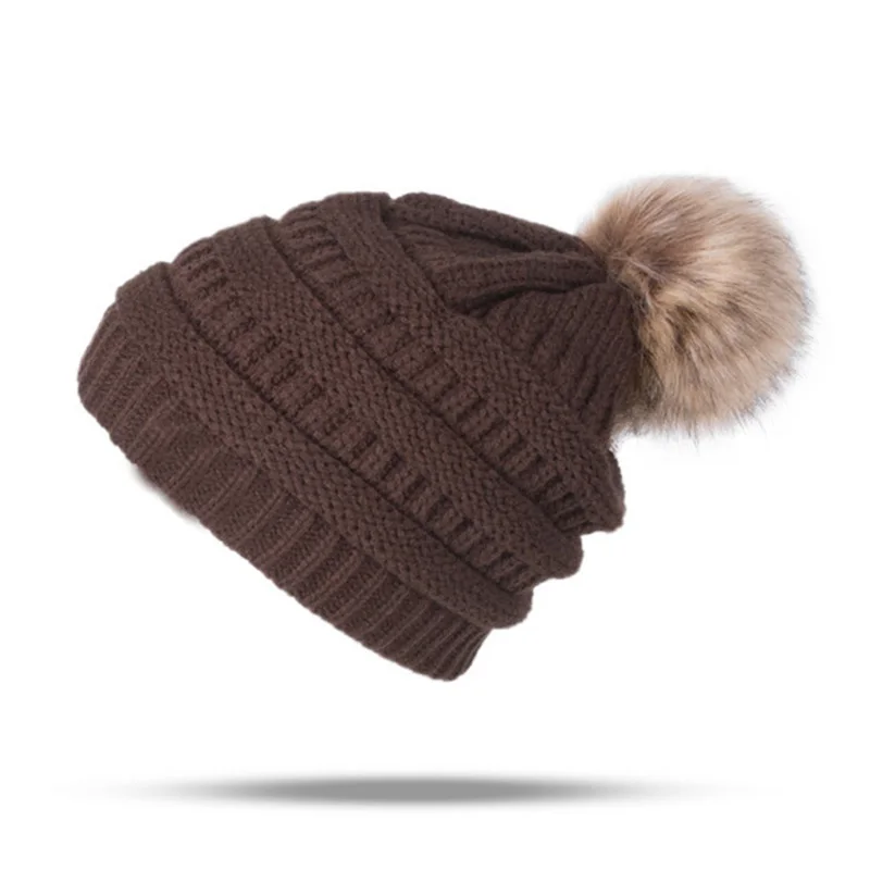 Женская теплая вязаная шапка CC Beanies, шапка из искусственного меха с помпонами, толстая женская шапка Skullies Skully, Женская Повседневная Лыжная Шапка s