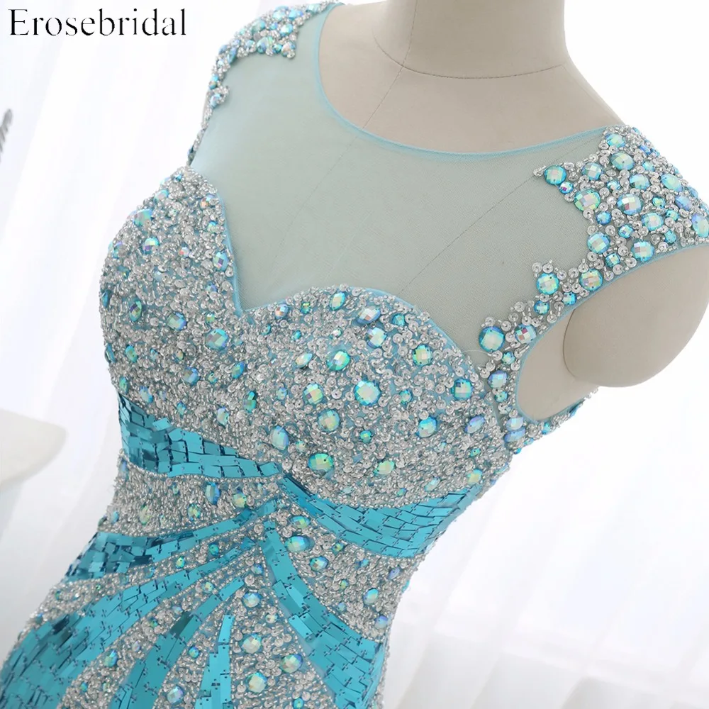 Женское блестящее вечернее платье со шлейфом Erosebridal синее длинное с блестками