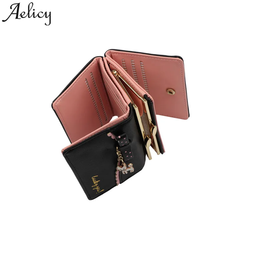 Aelicy Модный милый кошелек женский черный короткий из искусственной кожи с