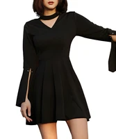 devil fashion gothic sexy lady black dresses flare sleeves short dresses autumn v neck metal pin dresses