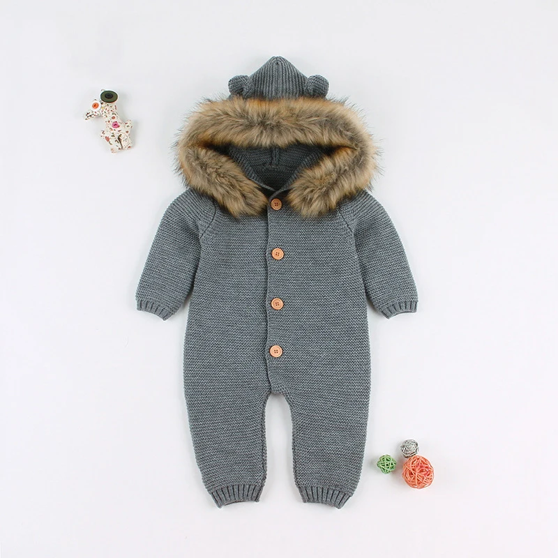 Infants Baby Winter Hooded Sweater Romper Newborn Fur Collar Knitted Cardigan Baby Boys Girls Christmas Jumpsuit Clothes