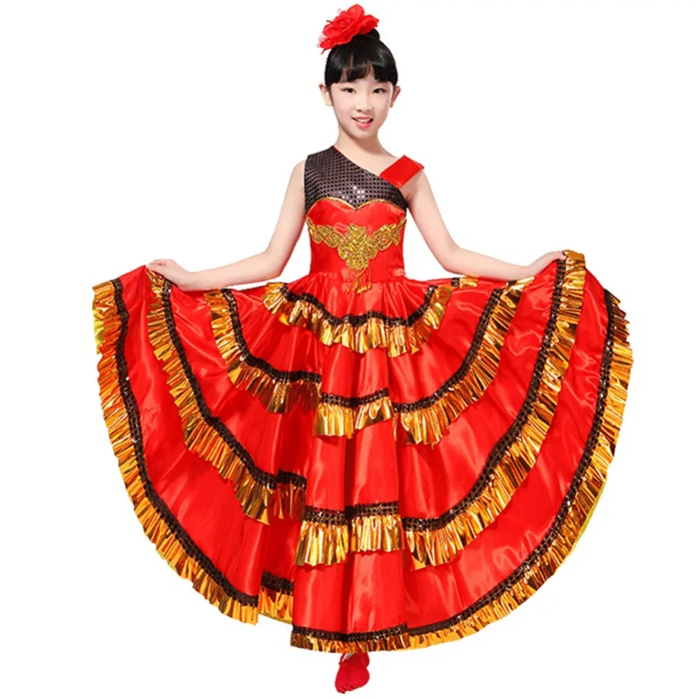 Kids Girls Red Belly Dance Dress Spanish Flamenco Costume Ballroom Tribal Match Head Flower | Детская одежда и обувь