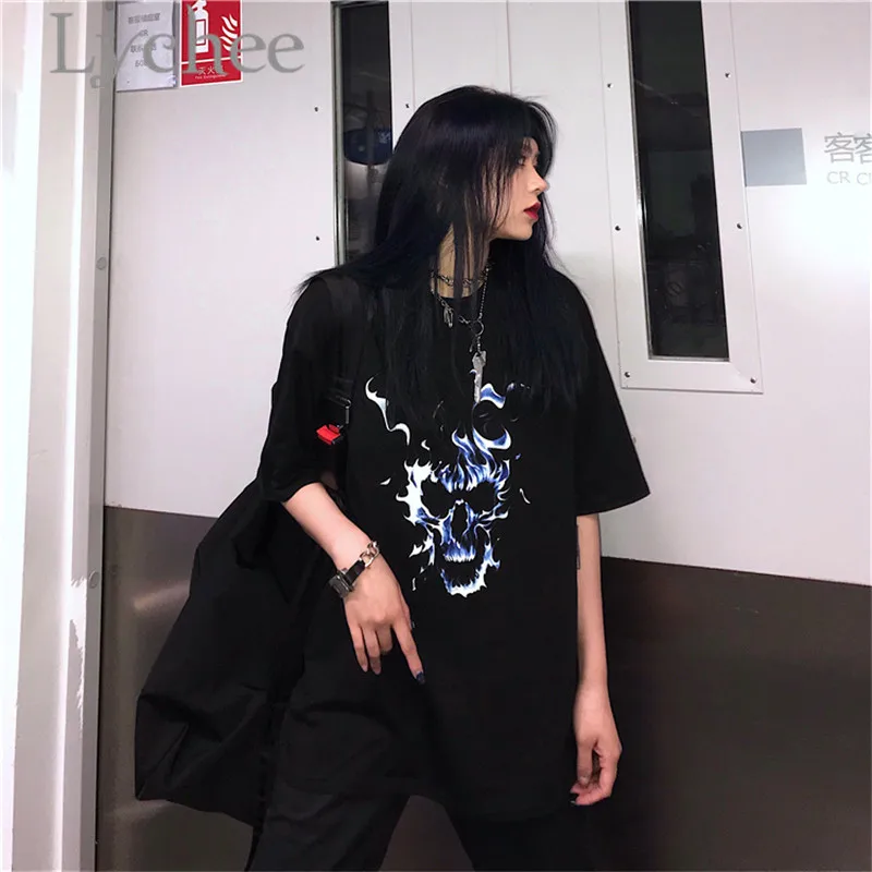 Lychee Harajuku Ghost Flame Print Lady Футболка Топ тройники круглый вырез свободный короткий рукав весна лето женские футболки Топ тройники