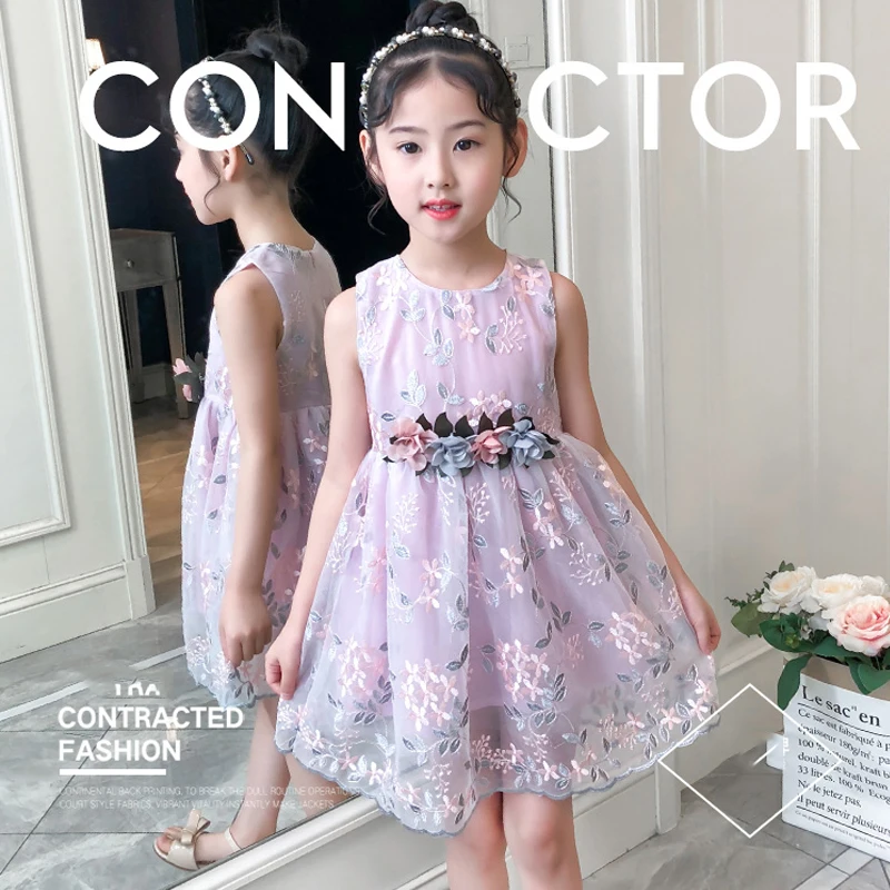 Girls Summer Jumper Dress Princess O-neck Sleeveless Vest Dresses Flower Embroidery Casual Kids Tulle Frocks | Детская одежда и