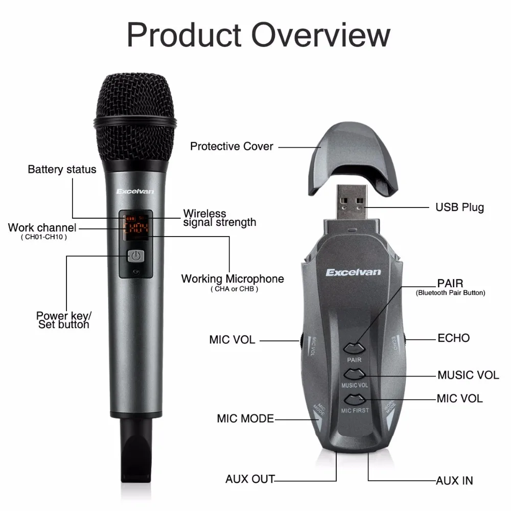 Беспроводной Bluetooth микрофон Excelvan K18V с поддержкой рецептора приложение для