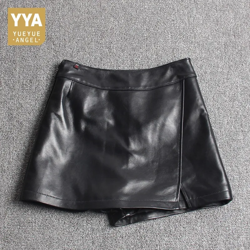 Fashion Women Asymmetric Shorts Skirts Top Quality Sheepskin Real Leather Shorts Casual Streetwear Ladies Slim Fit Shorts Skirts
