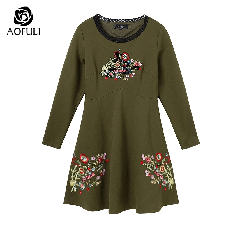 M/L/XL/2XL Красочные цветы вышивка А силуэта платья Beadings осень зима плюс размер