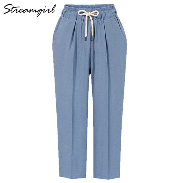 Light blue Женские Брюки-Капри Для офиса размера плюс, летние хлопковые штаны-шаровары с высокой талией, свободные женские брюки - Цвет: Light blue