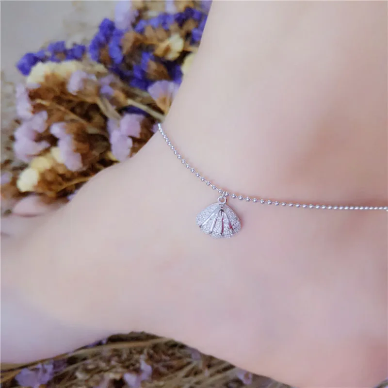 

22+3cm High quality Real 925 Sterling Silver Shell Shape Anklet halhal Bracelet For Women Simple Female Student Summer Jewelry