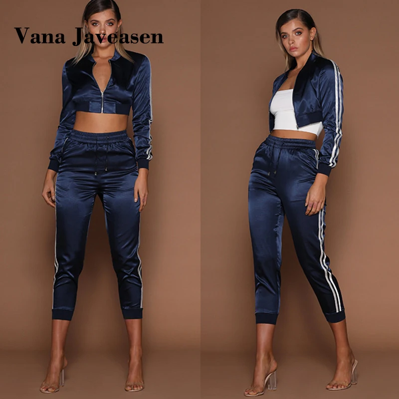 

Vana Javeasen Autumn Winter Satin Sets Women Zipper Side Stripe Crop Tops Drawstring Calf Length Pants Sexy Workout Tracksuits