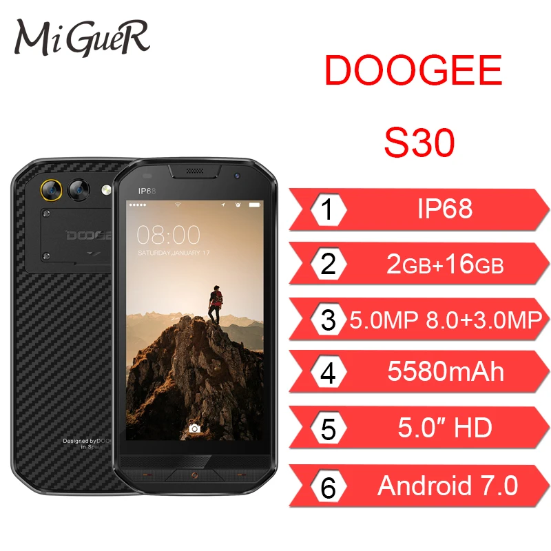 DOOGEE S30 IP68 водонепроницаемый мобильный телефон 5580 мАч 8 0 МП 2 Гб ОЗУ 16 ПЗУ 5 &quotHD Android 7