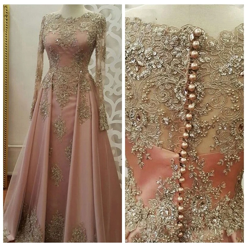 

2021 Sheer Jewel Long Sleeves A-Line Evening Dresses Beaded Prom Party Gowns Gold Lace Appliques Formal Custom Special Occasion