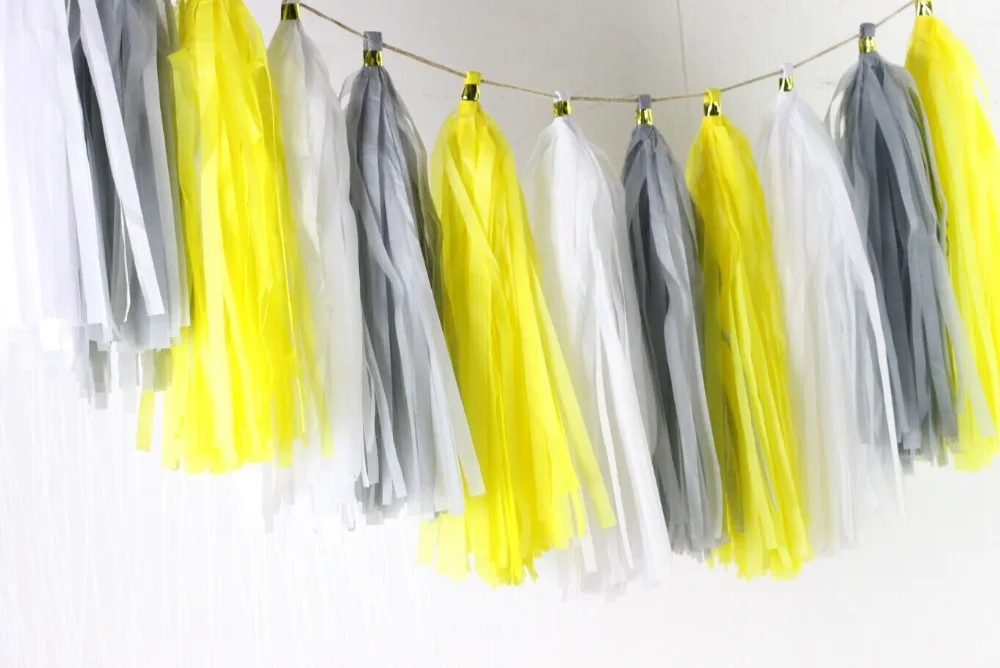 16pcs Yellow Gray and White Tissue Tassel Garland - Buttercup Decoration Baby Boy Gender Neutral | Дом и сад
