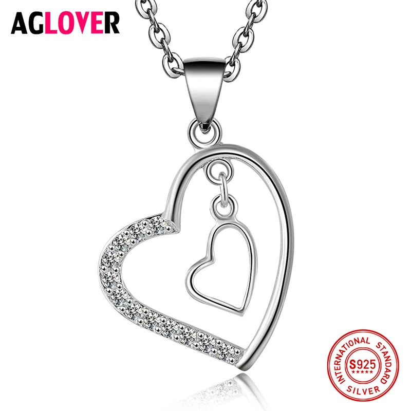 Женское ожерелье из серебра 100% пробы с кулоном в виде двух сердец|jewelry necklace|jewelry
