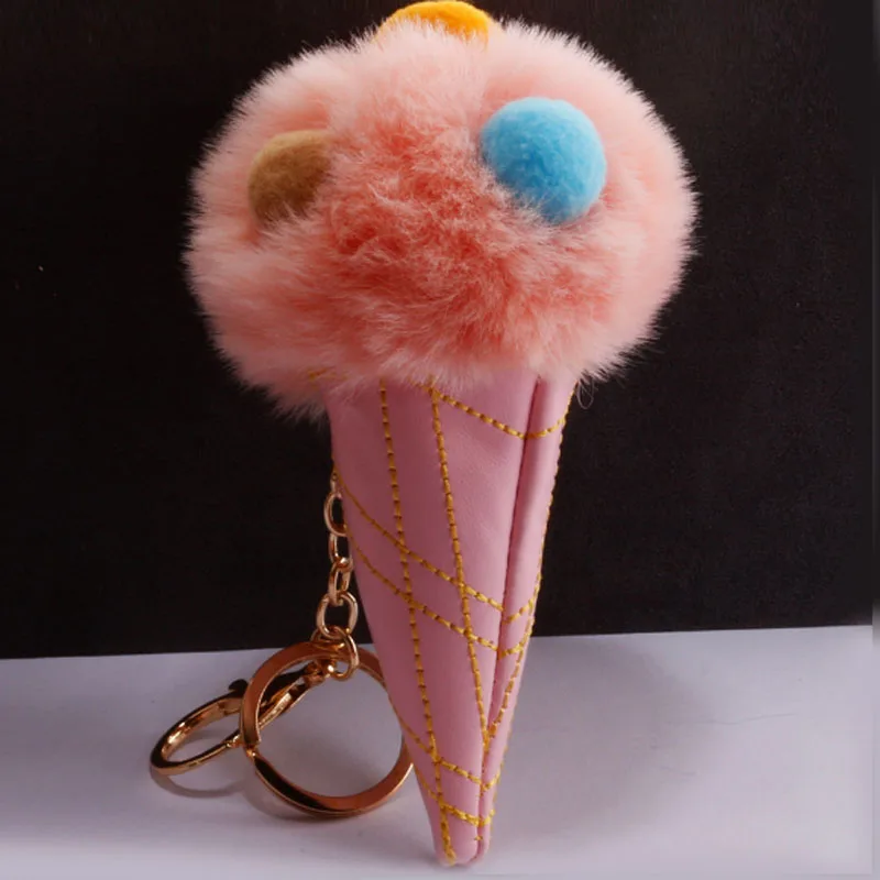 

Fashion Ice Cream Shape Pompom Fluffy Ball Ice Cream Key Chain Women Girl Bag Pendant Car Accessories Keyrings QS1822