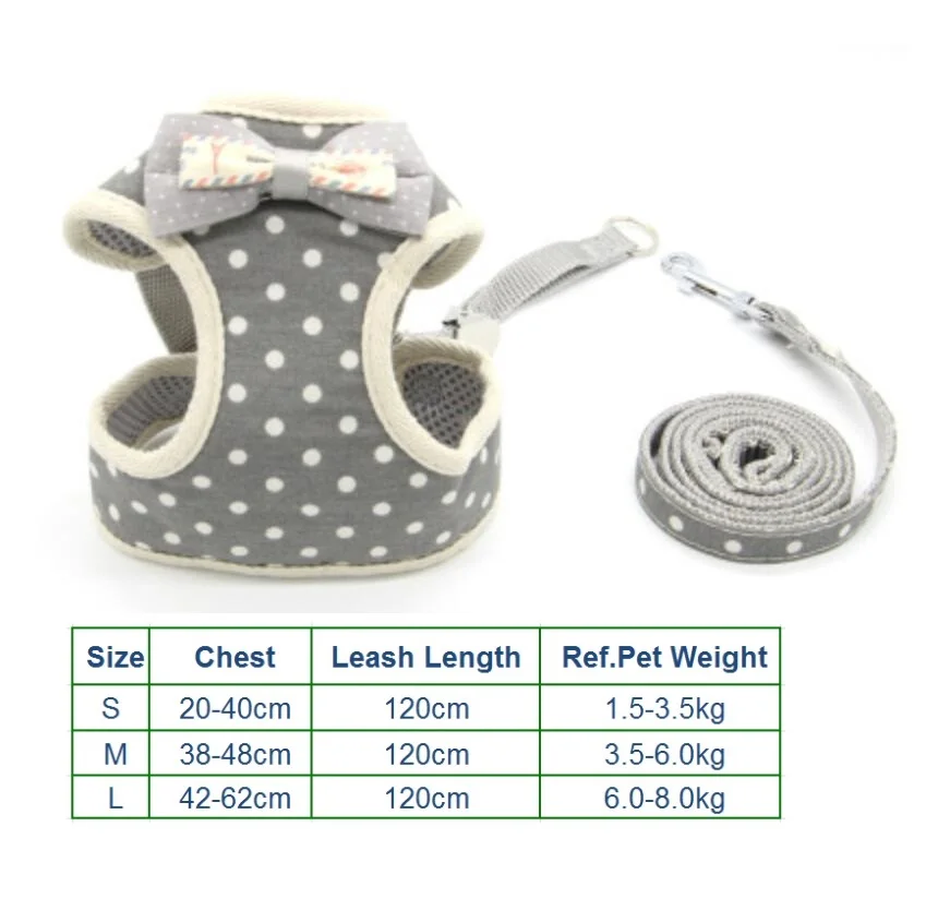 Gray Dots Всесезонный поводок для собак, набор для домашних животных, кошек, жилет с бантом, с сеткой, с подкладкой для маленьких щенков, чихуахуа, Йоркцев - Цвет: Gray Dots