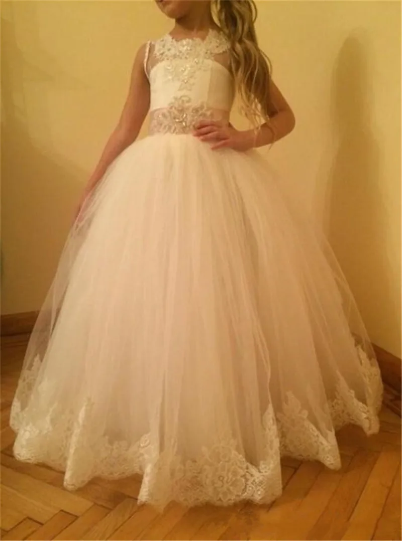 

Бальное платье цвета слоновой кости для девочек, платье для первого причастия, кружевное Тюлевое платье с бусинами и цветами для девочек, наряд для конкурса, Индивидуальный размер