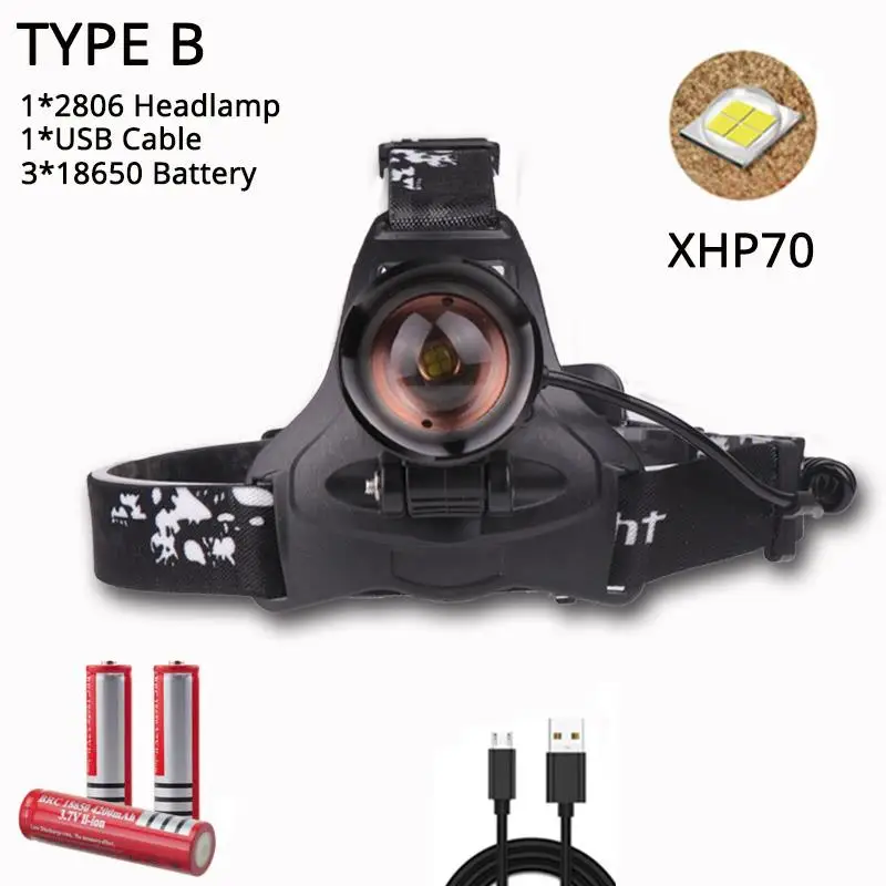 B 50000lm xhp70.2 супер яркий светодиодный налобный фонарь usb Перезаряжаемый Головной фонарь xhp70 фонарь 3*18650 аккумулятор для рыбалки кемпинга - Испускаемый цвет: B