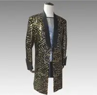 2019 S-4XL Men Leopard Pattern Gold Sequins Trendy Long Jacket Bar Nightclub Men Singer Dance Evening Performance Blazer