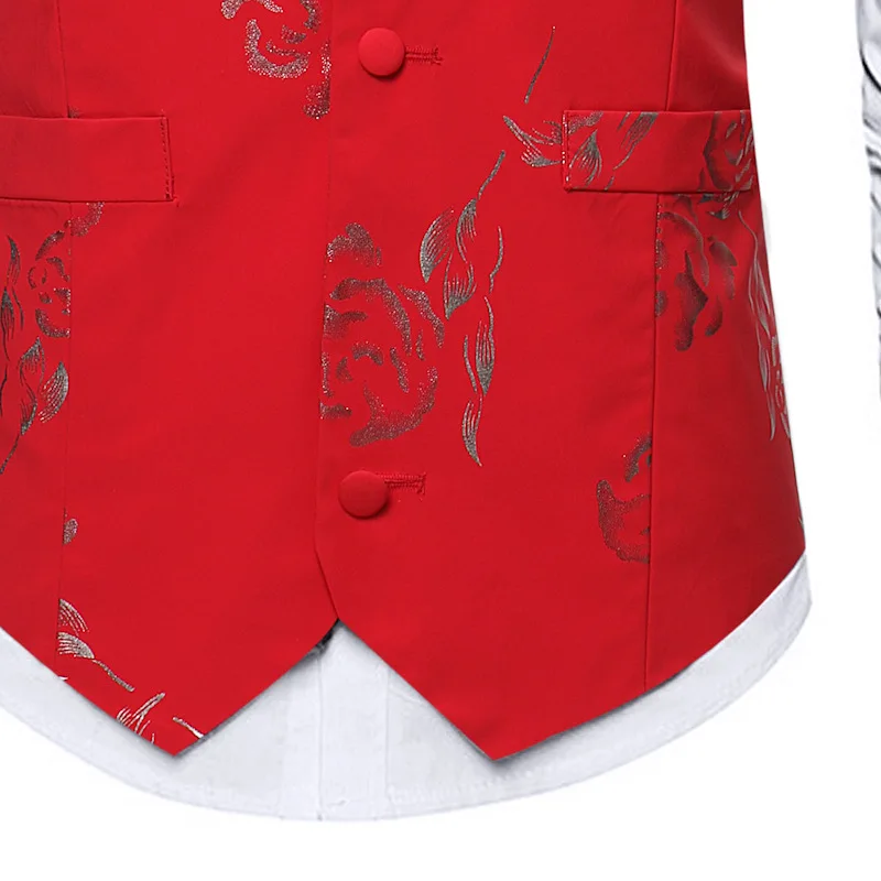 

Red Grooms Tuxedo Wedding Dress Suit Vest Men Luxury Bronzing Rose Single Breasted Waistcoat Men Slim Fit Sleeveless Gilet Homme