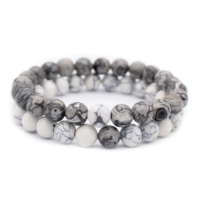 gray white PHB002 2pcs/set 8mm Natural Stone Bracelets& Bangles Couple Bracelet for Lovers Gift - Окраска металла: gray white