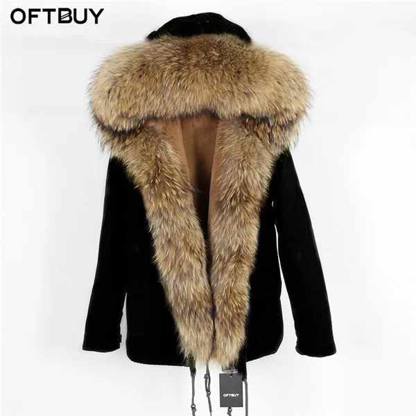 OFTBUY, Повседневная Зеленая зимняя куртка, Женская парка, пальто с натуральным мехом енота, большой воротник, парка с капюшоном, теплая верхняя одежда - Цвет: short black natural