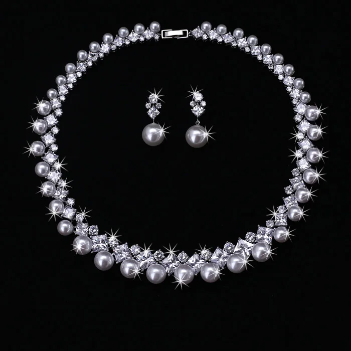 Набор свадебных ювелирных изделий из прозрачного циркония и жемчуга 18KWG AAA с