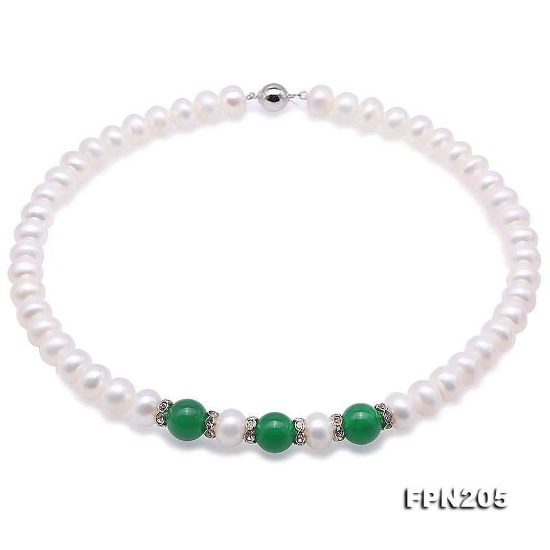 

Natural White Freshwater Pearl Necklace 45cm 8-9mm Near Round Shape Green Jades Necklace Perfect All Match Gift For Women