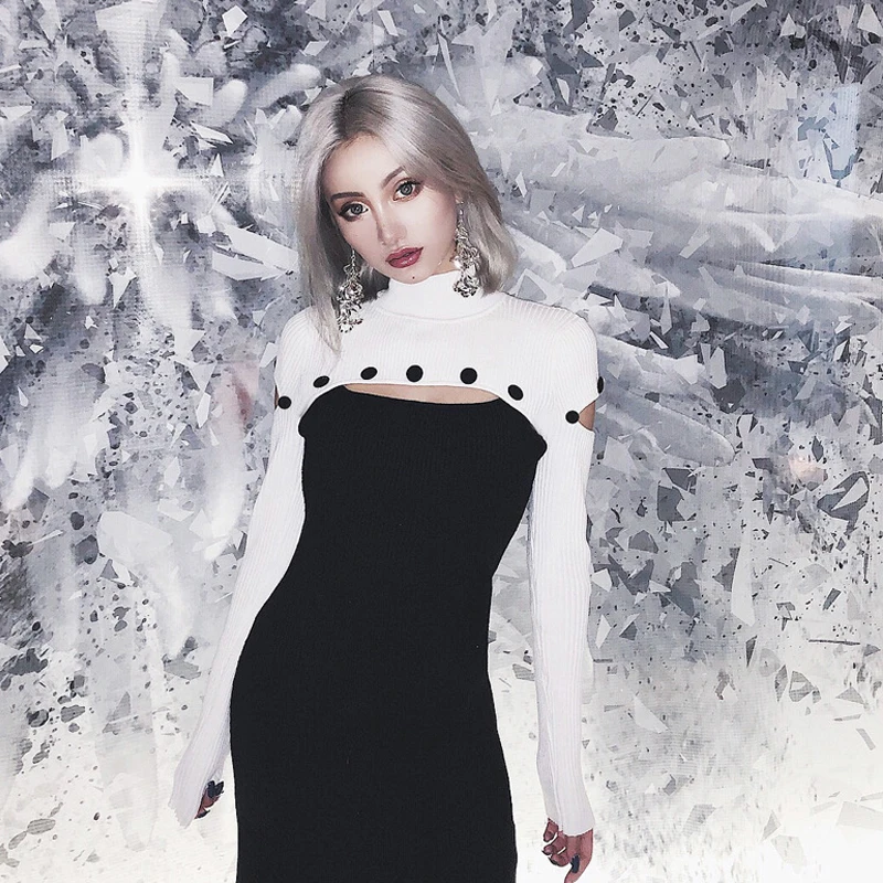 Модные черно белые patckwork bodycon мини платье 2018 на осень зиму Женщины Сексуальная