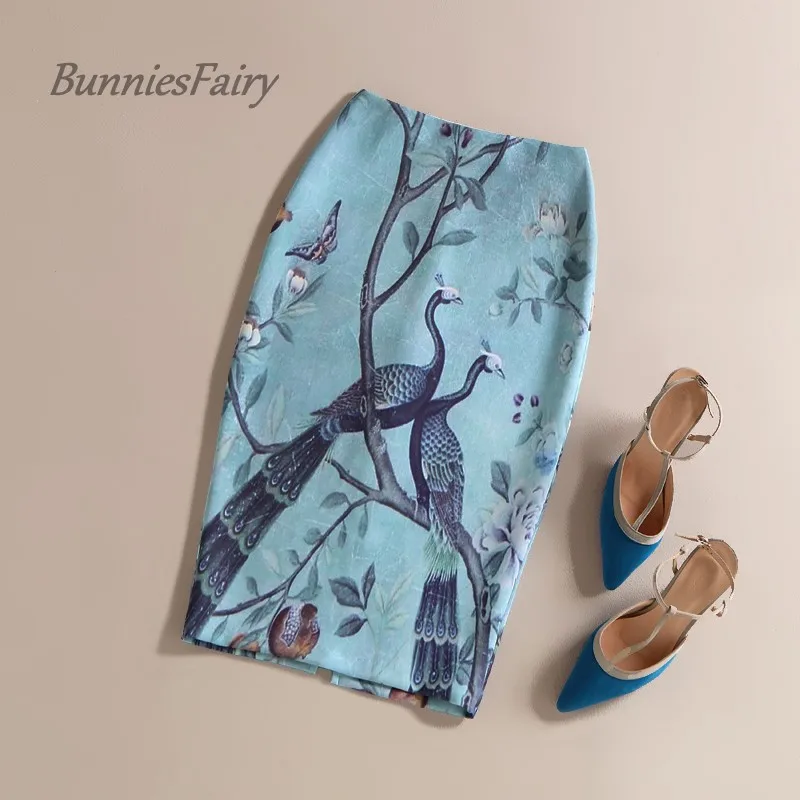 Женская винтажная юбка карандаш с принтом павлина и животных|skirt peacock|bunniesfairy 2016blue