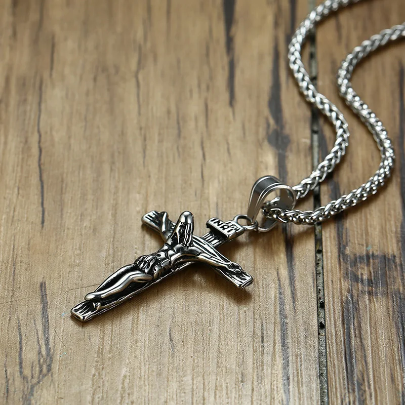 Мужские ожерелья INRI Jesus христианский крест Кулон Винтаж нержавеющая сталь с пшеничной цепочкой