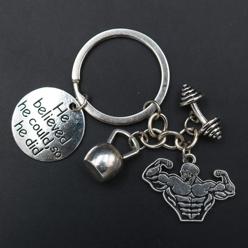 

1pc He Believe He Could So he Did Charm Dumbbell & Kettle Bell &Muscle man DIY Creative Fitness Guru Metal key