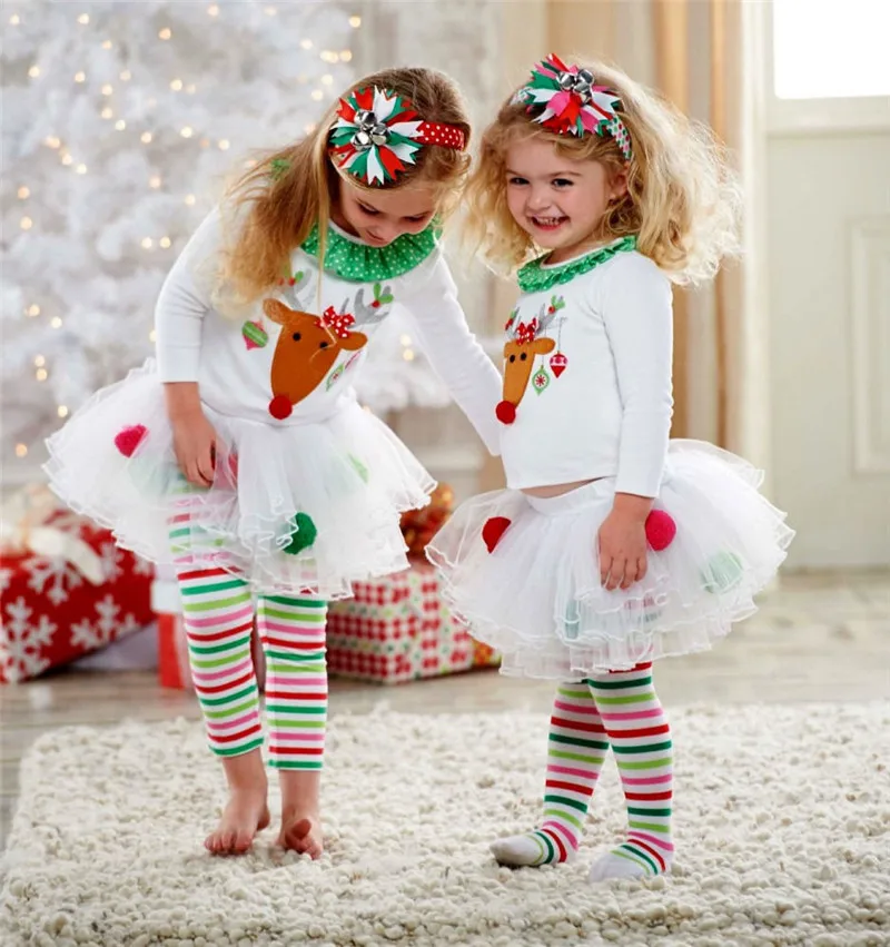 

PUDCOCO USA Christmas Kids Baby Girls Xmas Long Sleeve Bear T shirt +Tutu Leggings Pants Pop Outfits Sets Cotton Clothes 1-5Y