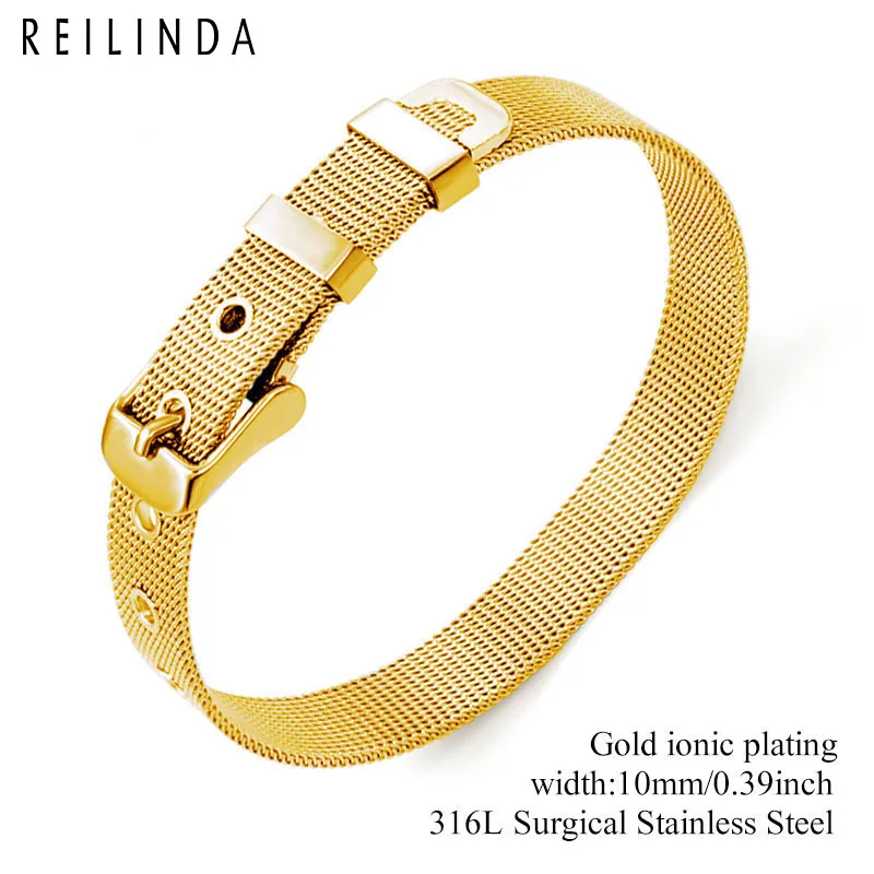 8mm/10mm/18mm Stainless Steel Mesh Wristband Bracelet DIY Slide Charms Bracelets For Women Men Gift - Окраска металла: 10mm Gold