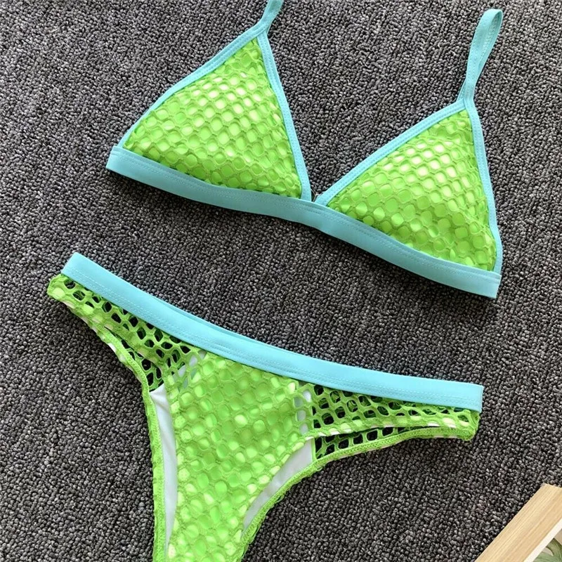 

Women Push-up Padded Bra Bandage Bikini Set Fish Net Hollow Swimsuit 2019 New Lady Sexy Triangle Swimwear Bathing Suit Beachwear